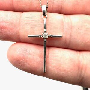 Womens Necklace 14K White Gold White Topaz Cross Pendant Estate Jewelry